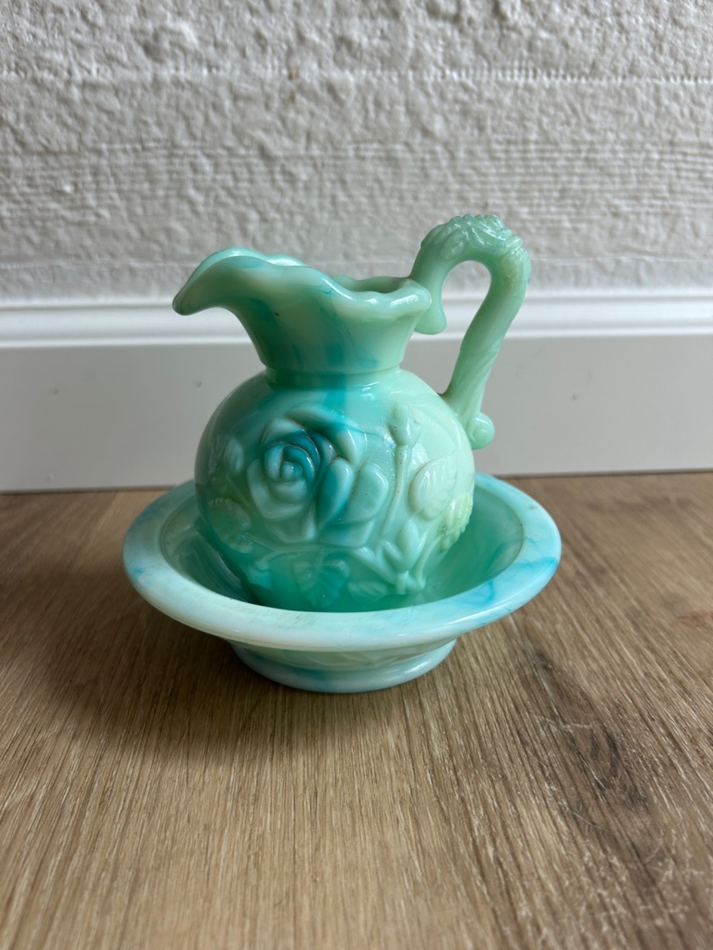 Vintage Avon Jadeite Green Marbled Milk Glass Pitcher & Bowl Set